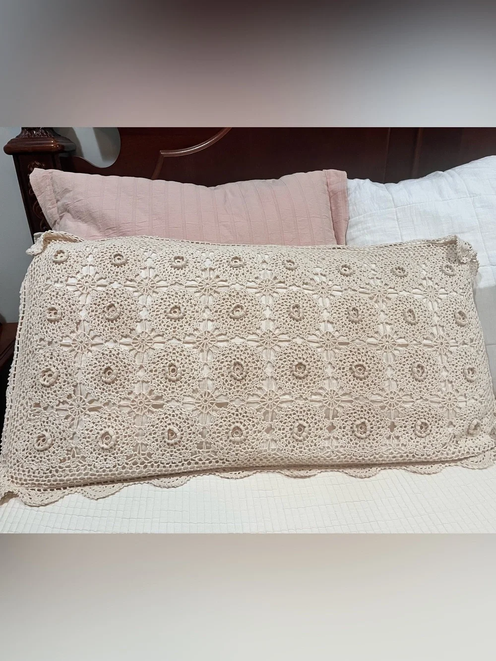 Set of 2 King Size Crochet Lace Decorative Pillow Cover Cream Cottagecore